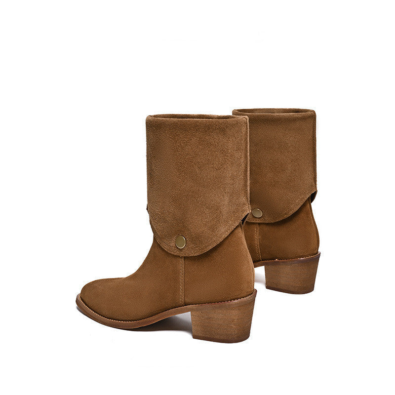 Matte Cowhide Western Denim Pointed-toe Short Tube Boots ( Pile Style , All-matching )