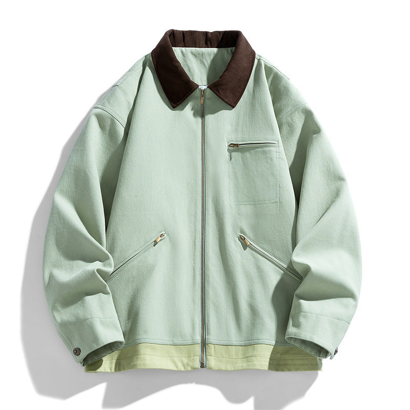 Men's Washed Polo Collar Jacket with Contrast Color British Style