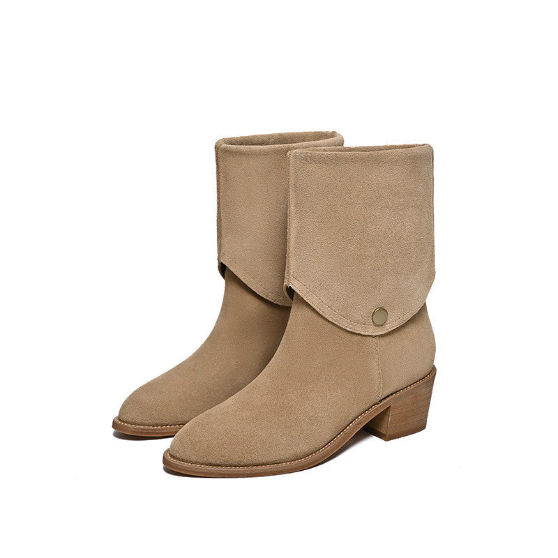 Matte Cowhide Western Denim Pointed-toe Short Tube Boots ( Pile Style , All-matching )