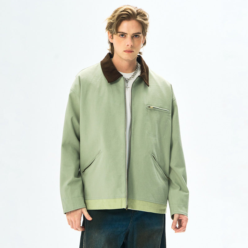 Men's Washed Polo Collar Jacket with Contrast Color British Style