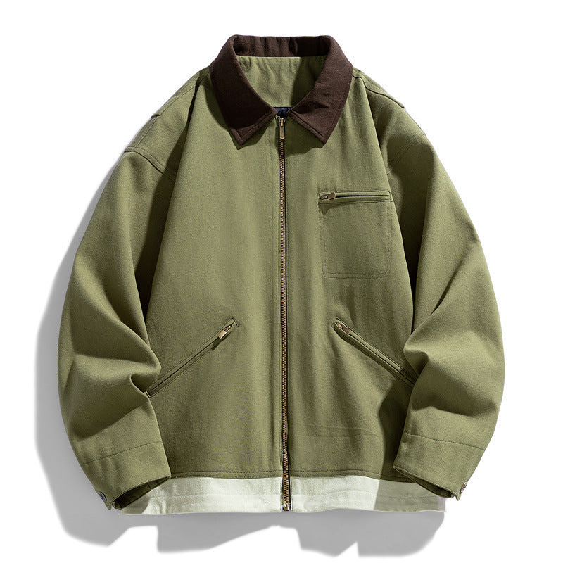 Men's Washed Polo Collar Jacket with Contrast Color British Style